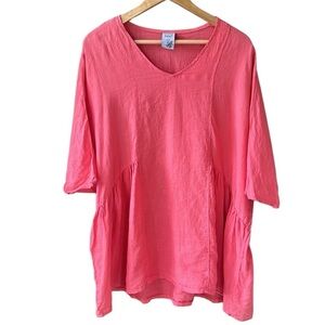 Match Point Coral Size S (6 to 10) 100% Linen V Neck Lagenlook Beachy Tunic Top